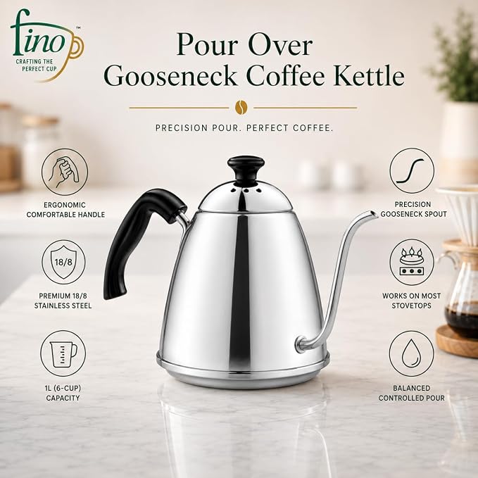 Fino Pour Over Gooseneck Coffee Kettle, 18/8 Stainless Steel, 6-Cup, 1L Capacity