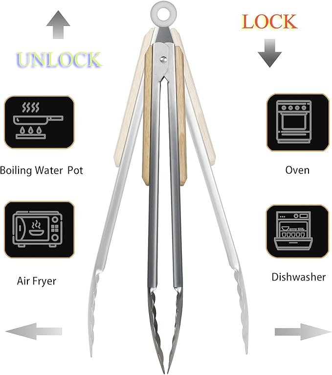 12 & 16 Inch Food Tongs Set, Food Grade Stainless Steel Kitchen Tongs with Long Walnut Wooden Anti-Scald Handle, Heat Resistant Cooking Tongs for BBQ Grilling Baking Frying, Safe for Adults & Kids