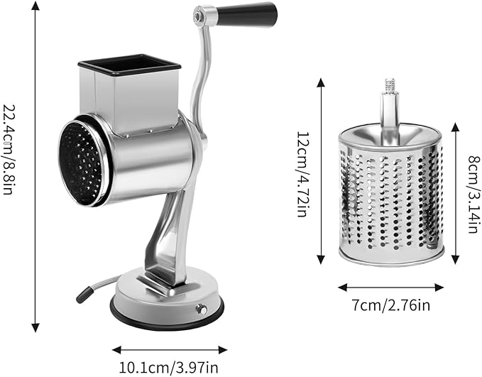 Rotary Vegetable and Fruit Cutter, Cheese Grater Hand Drum Slicer, Stainless Steel Multi-Functional Vegetable Cutting Drum with Suction Cup, Interchangeable Blade for Commercial or Home Use