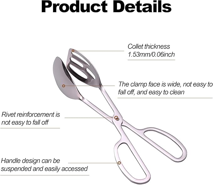 Food Tongs, Stainless Steel Salad Tongs with Scissor Handles, 10inch Serving Tongs for Buffet Party Catering, Cooking, Barbecue, Pastry, Sandwich, Ice, Food Bread Dessert (Silver)