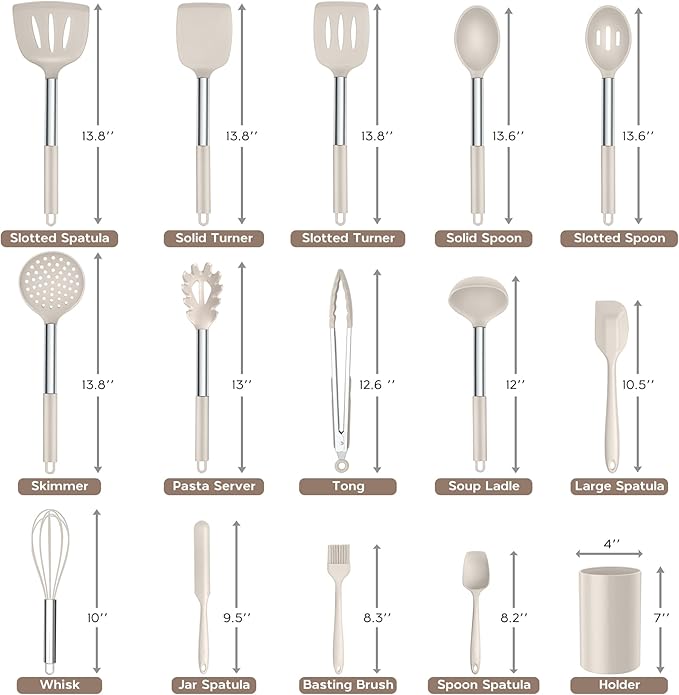 Onader Silicone Cooking Utensils Set of 15, Kitchen Utensils Set with Holder for Nonstick Cookware, 446°F Heat Resistant Stainless Steel Handle - Khaki