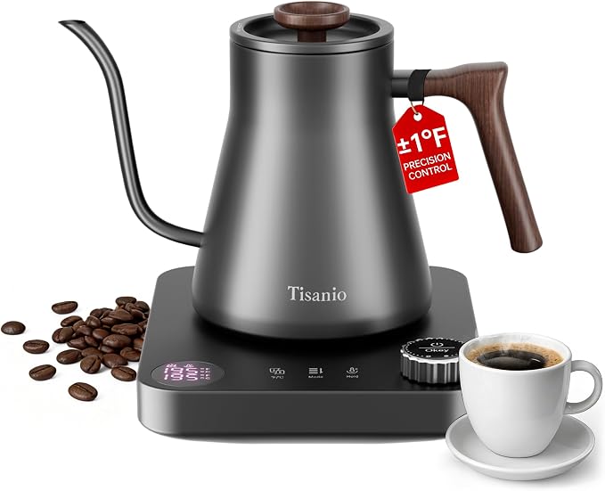 Gooseneck Electric Kettle for Pour Over Coffee, ±1°F Precision Control, Smart Two-Stage Heating, 2-Hour Keep Warm, 0.9L Stainless Steel, Gray Wood Handle