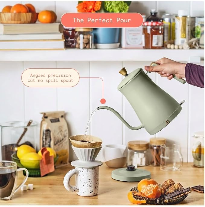 Beautiful Electric Gooseneck Kettle, 1 Liter, 1200W, Stainless Steel Interior, Fast Boil, Precision Pour Spout, Auto Shut-Off & Boil-Dry Protection (Green)