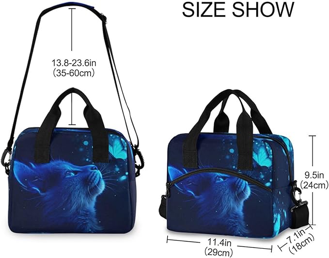 ALAZA Cat and Butterfly with Blue Light Lunch Box for Men Women Adults Insulated Lunch Bag Cooler Bag with Adjustable Shoulder Strap for Work Picnic Travel