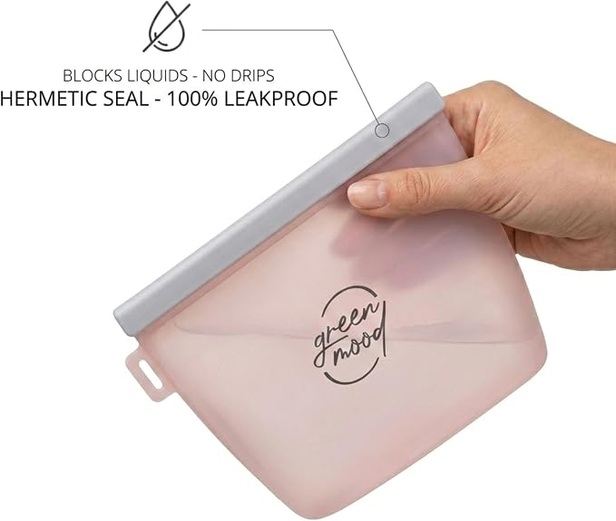 Green Mood Silicone Reusable Food Storage Bags with Organizer – 5 Pack (4 Sizes) – BPA-Free, Leakproof, Freezer & Microwave Safe – Eco-Friendly Bags with Plastic Storage Box for Kitchen & Travel