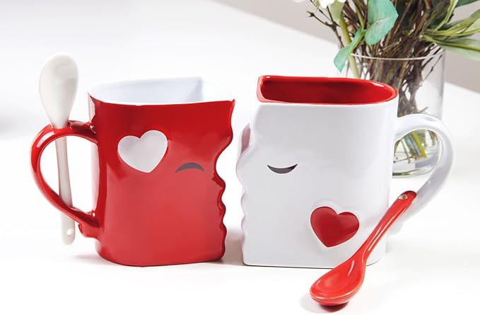 Blu Devil Kissing Mugs Set, Anniversary & Wedding Gifts, Exquisitely Crafted Two Large Cups & Spoons for Couples, For Him and Her on Valentines, Birthday, Engagement