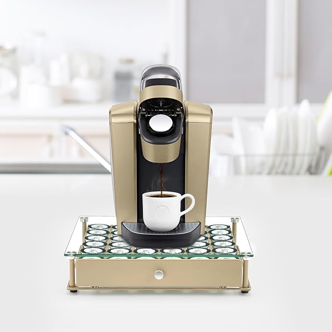 Coffee Pod Holder With Tempered Glass Top Drawer - Compatible With K Cup Pods, Holds 36 - Storage Organizer for Shop, Office, Kitchen Counter 14 13 3 in
