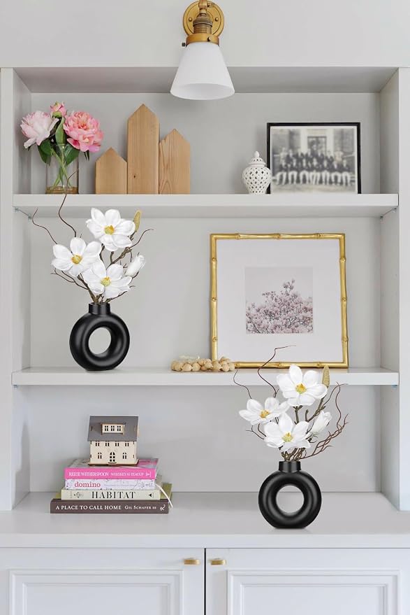 Briful 2PCS Magnolia Artificial Flowers with Black Vase White Magnolia Floral Arrangement Faux Potted Silk Flowers for Home Office Bathroom Kitchen Shelf Table Centerpiece Modern Decor