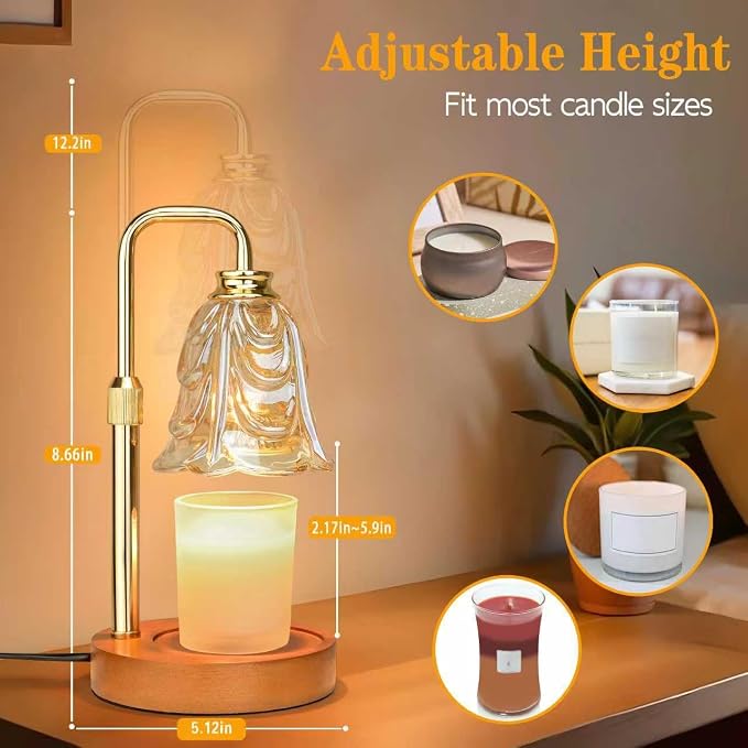 Candle Warmer Lamp with Timer Dimmer, Adjustable Height Amber Tulip Candle Wax Warmer, Christmas Birthday Gift for Mom Women,House Warming Gifts for New Home Bedroom Decor,Flower Amber