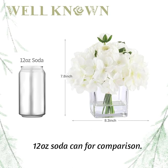 WELL KNOWN Fake Flowers in Vase, White Hydrangea Ranunculus Artificial Flowers with Vase, Silk Floral with Faux Water Arrangement Centerpiece for Office Dining Table Home Wedding Decor & Mom's Gift