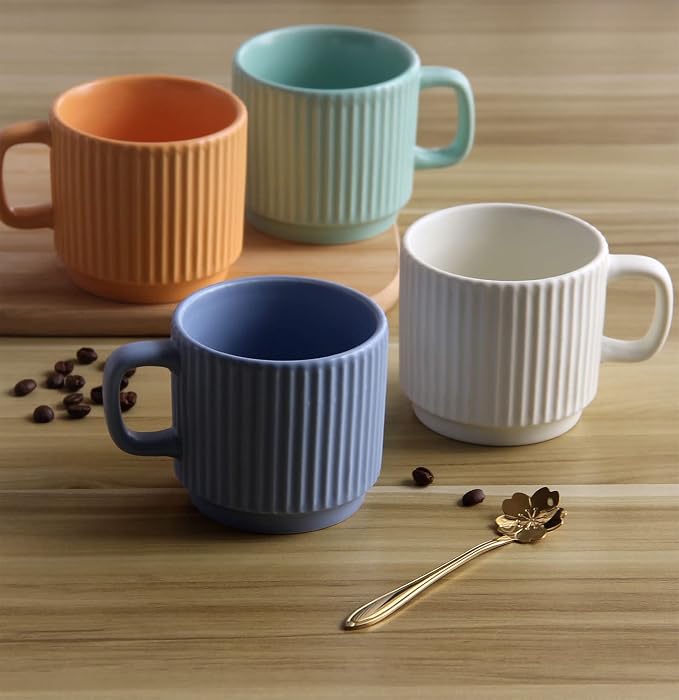 Stackable Coffee Mugs Set of 4, 7 OZ Ceramics Espresso Cups for Latte Cappuccino Cocoa with Handle, Colorful