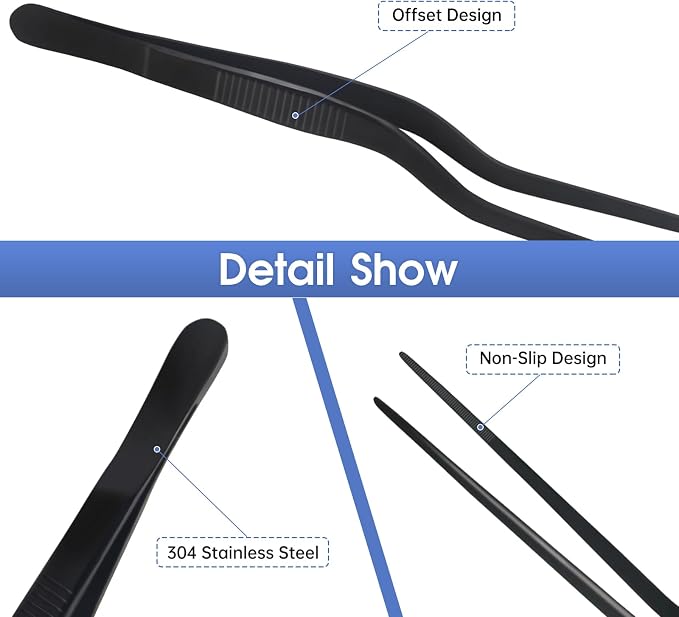 8-Inch Plating Tweezers Culinary Kitchen Tweezer Stainless Steel, Black Offset Tweezers for Cooking Food Design (8-Inch Offset Design)