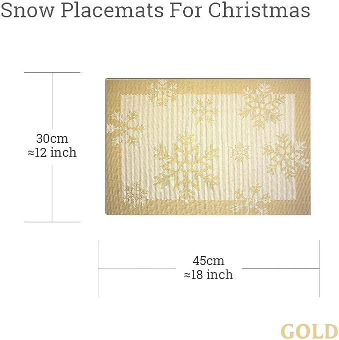 Christmas Placemats Set of 6 Vinyl Woven Non-Slip Placemats Washable Easy to Clean Table Mats for Dining Table (Snow Gold)
