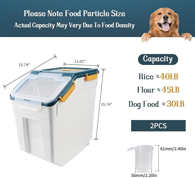 Saim Rice Storage Container 50 lbs, 2 Pack Airtight Flour Storage Containers Bin with Measuring Cup & Scoop, BPA Free Plastic Rice Dispenser for Flour, Rice, Grain Holder (Dark Blue)