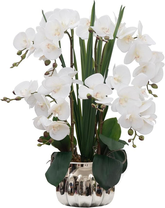 CXGS Artificial Orchid Flower Real Touch Faux Orchids in Ceramic Vase Large 22.9'' Fake Flowers White Phalaenopsis Floral for Home Indoor Decor