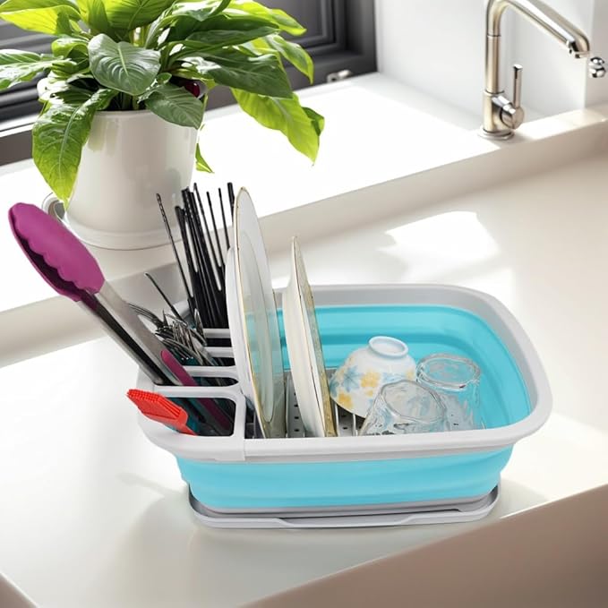SAMMART 8L (2.11Gallons) Collapsible Plastic Dish Drainer with Drainer Board - Foldable Drying Rack Set - Portable Dinnerware Organizer - Space Saving Kitchen Storage Tray (Grey/Cyanine, 1)