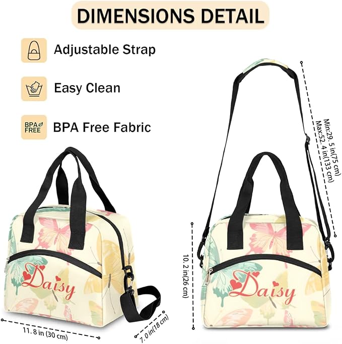 Personalized Yellow Butterfly Lunch Bag for Women, Custom Name Insulated Cooler Lunch Box for Work Office Picnic,Leakproof Reusable Lunch Tote Bag