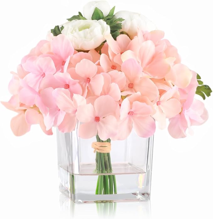 WELL KNOWN Artificial Hydrangea and Ranunculus Flowers in Vase with Faux Water, Silk Spring Pink Flower Arrangement Centerpiece for Home Dining Table Office Wedding Decor & Mom's Gift
