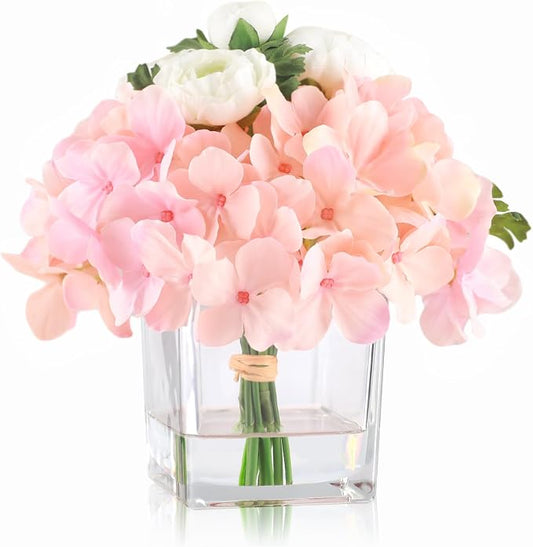WELL KNOWN Artificial Hydrangea and Ranunculus Flowers in Vase with Faux Water, Silk Spring Pink Flower Arrangement Centerpiece for Home Dining Table Office Wedding Decor & Mom's Gift