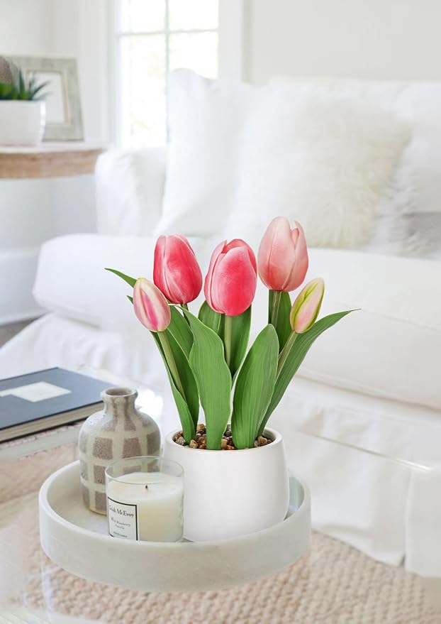 Hollyone Pink Tulips Artificial Flowers in Vase Fake Tulips Silk Flowers Arrangements Faux Tulip Bulbs with Ceramic Pot Tulip Potted Plants Floral Bouquet for Home Decor Table Centerpiece Decorations