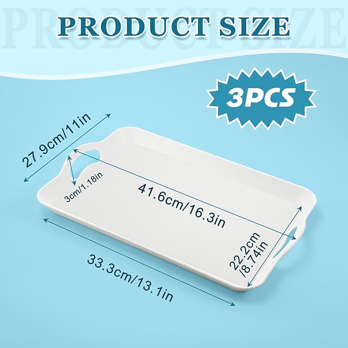3 Pack Serving Trays with Handles, 16 x 11 inch Rectangular Plastic Serving Platter, Food Serving Tray for Restaurant Buffets, Diners, School Lunch(White)