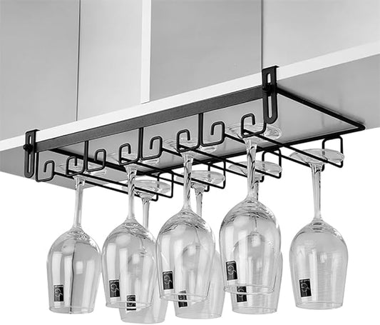 CAKERS Creative Wine Glass Holder|Under Cabinet Iron Art Stemware Rack|Hanging Wine Glass Drying Holder For Kitchen Bar Restaurant,Black,4 Rows