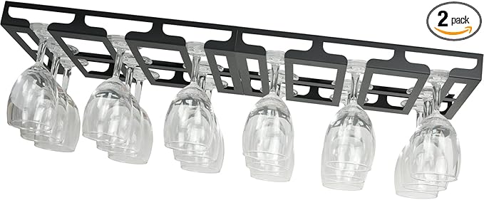 Wine Glass Holder - Hangers Under Shelf Cabinet Stemware Wine Glass Rack Glasses Storage Hanger Metal Hanging Organizer for Bar Kitchen 3 Rows 2 Packs Black