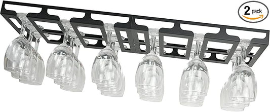 Wine Glass Holder - Hangers Under Shelf Cabinet Stemware Wine Glass Rack Glasses Storage Hanger Metal Hanging Organizer for Bar Kitchen 3 Rows 2 Packs Black