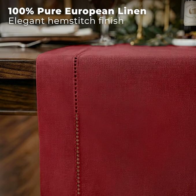 Signature Linen™ by D'Moksha Red Table Runner 120 Inches Long, 100% Pure Linen, Hemstitch, 14 x 120 Inch Table Runner for Dresser, Dining- Summer, Father's & Independence Day