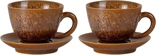 KAMMAK Tea Cups and Saucers Set of 2, Porcelain Coffee Cups, 4.3oz Crystalline Glaze Espresso Mugs, Ceramic Demitasse for Coffee, Cappuccino, Latte, Americano, Tea (Golden Crystal)