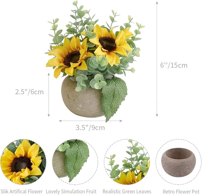Rose in Pot Decor Potted Artificial Flowers Mini Plants Faux Flowers Indoor Small Decor Fake Roses for Home, Bathroom, Kitchen, Offices, Wedding Party Centerpieces (2pcs Yellow)