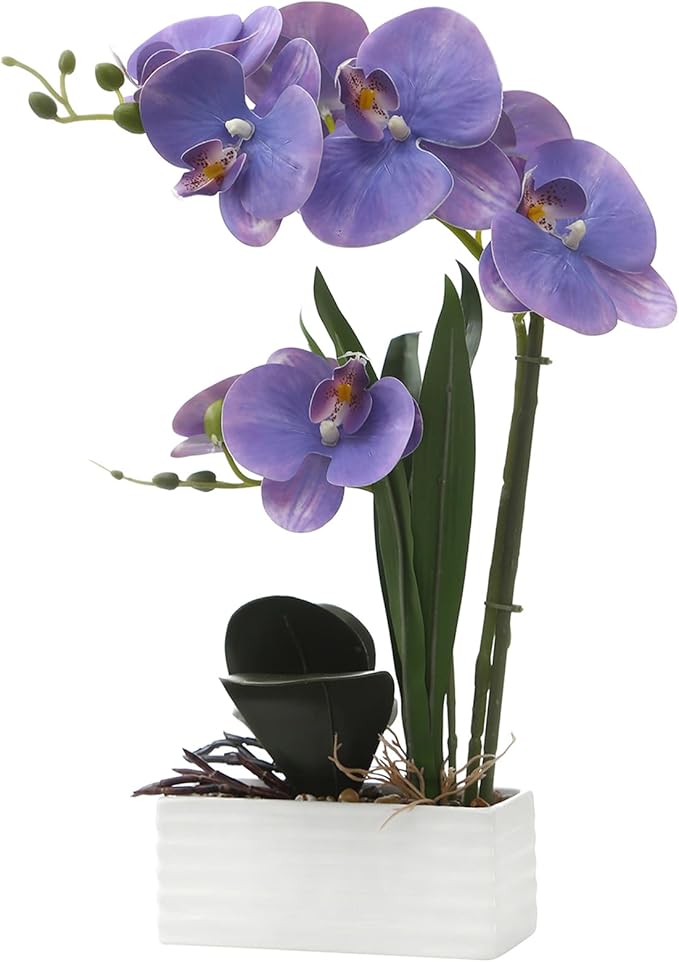 Artificial Real Touch Orchid Flowers in Pot Fake Phalaenopsis Flower with White Ceramic Vase Faux Orchids Arrangement for Home Table Office Wedding Party Decoration (Lavender)