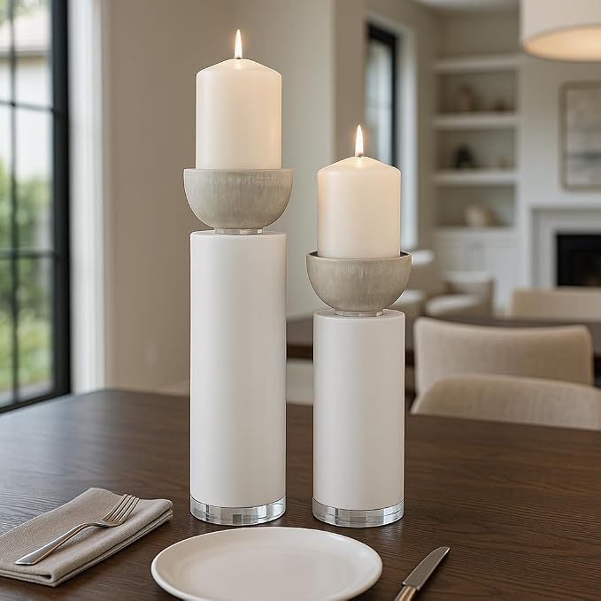 Elegant Pillar Candle Holders for Home Decor - Modern Candlestick Holders for Dining Table Centerpieces, Entryway, or Console - Decorative Candle Stand Holders for Shelf Set of 2-13", 11" White
