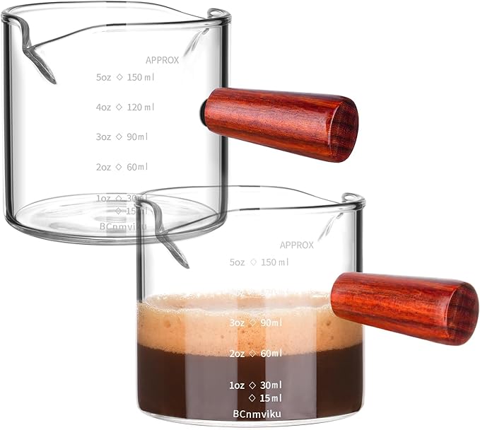 BCnmviku Double Spouts Measuring Triple Pitcher Milk Cup with Wood Handle 150ML /5OZ Espresso Shot Glasses Parts Clear Glass (2)