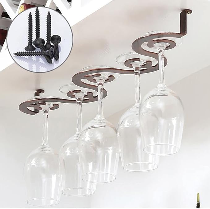 Under Cabinet Wine Glass Rack, Hanging Stemware Rack, Glass Storage Holder, Metal Organizer Hanger for Kitchen Bar (Color : Copper, Size : 6 glasses)