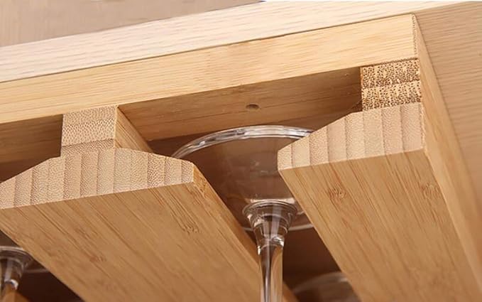 RIIPOO Wine Glass Rack Hangers Under Cabinet, Bamboo Wine Glasses Holders Under Shelf, Under Counter Wine Glass Holder for Home Kitchen & Bar Storage