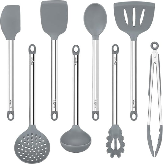 Vayvnt 8 PCS Cooking Utensils Set, Non-toxic Silicone Utensils, Gray | Heat Safe to 480℉, Dishwasher Safe, Stainless Steel Long Handle, Food Grade Silicone, Non Scratch, for Non Stick Cookware