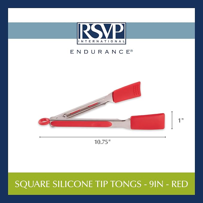 RSVP International Endurance Kitchen Utensil Collection Stainless Steel Locking Tongs for Cooking, 10.75" Length, Square Tip, Red Non-Slip Silicone