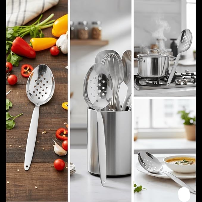 Chef Kunz Perforated Spoon | 9 Inch Silver 18/10 Stainless Steel Plating, Basting, Quenelle, Plating Spoon for Draining and Serving, Dishwasher Safe (Perforated)