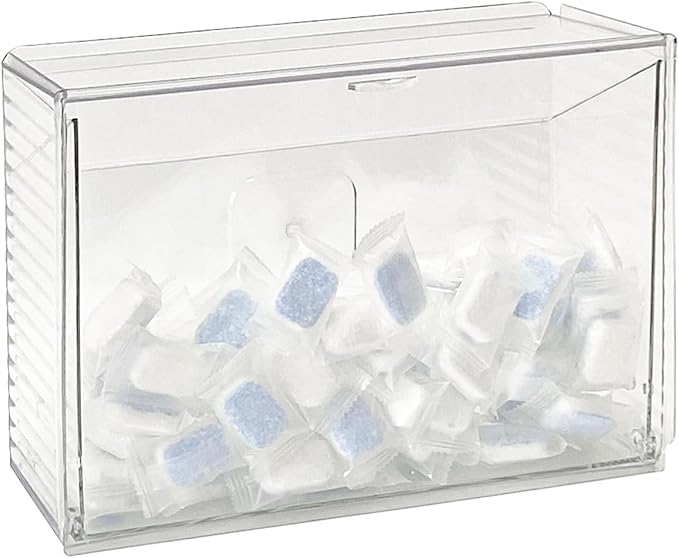 Clear Dishwasher Detergent Pod Holder for Kitchen Cabinet, Plastic Under Sink Storage and Organizer for Lid, Sponge, Coffee Pods, Large Laundry Pods Dispenser Box with Divider