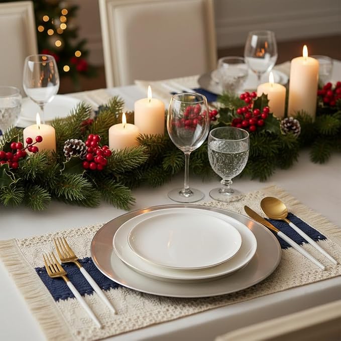 Boho Placemats Set of 6 Macrame Table Decor with Fringe Farmhouse Woven Placemats in Natural Burlap for Kitchen and Dining Table Centerpiece Home Decorations, Navy Blue