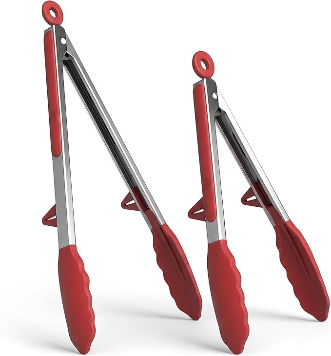 Kitchen Tongs Set of 2 (9” & 12”) – Stainless Steel & Silicone Cooking Tongs with Built-in Stand & Dishwasher Safe – Heat Resistant up to 600°F – Perfect for Grilling, BBQ, Salad & Frying