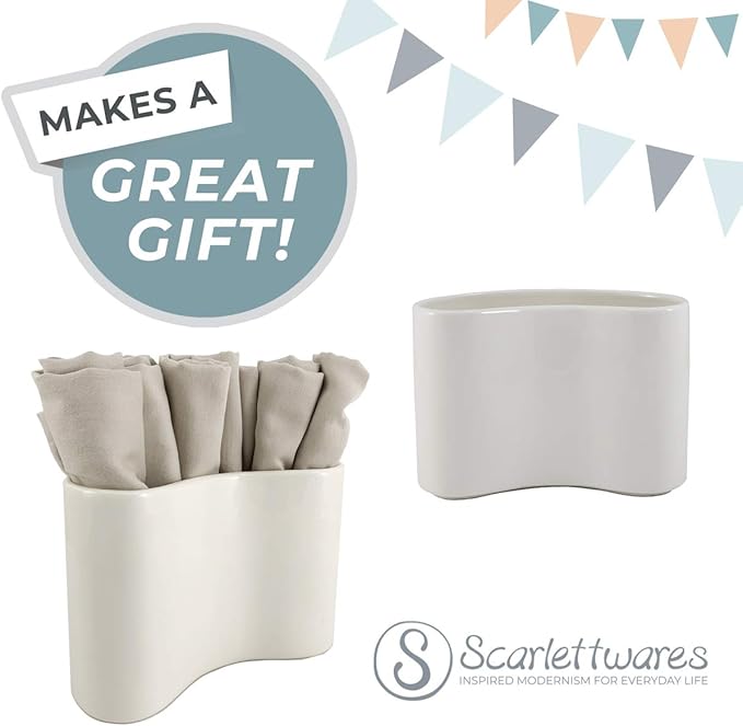 Scarlettwares Ceramic Napkin Holder For Table Kitchen Paper Linen Cloth Napkins Upright Stand Up Sturdy Stylish Modern Compact White Modern Farmhouse