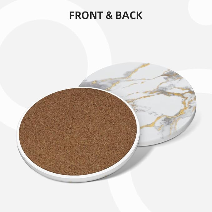 White Gold Marble Set of 6 Drinks Ceramic Coasters with Holder Funny Absorbent Cup Coasters with Cork Desk Table Protection Coffee Table Decor