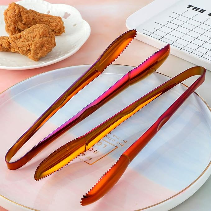 Stainless Steel Cooking Tongs for Frying, 9 Inches Serving Tongs Appetizers Charcuterie with Teeth for Parties, Food Tongs Kitchen Tongs for Nonstick Cookware, Set of 2 (Rainbow red)