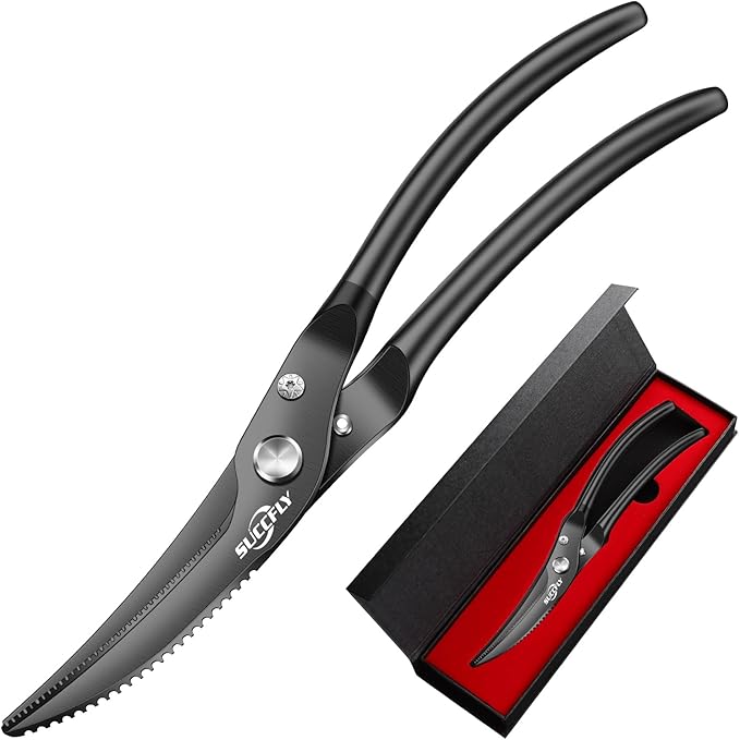 SUCCFLY Kitchen Shears Heavy Duty, Premium Kitchen Scissors Stainless Steel, 8.8" Poultry Shears Ultra Sharp for Bone Chicken Meat, Food Scissors Anti-Slip Handle, Black Titanium Plated, Spring Loaded
