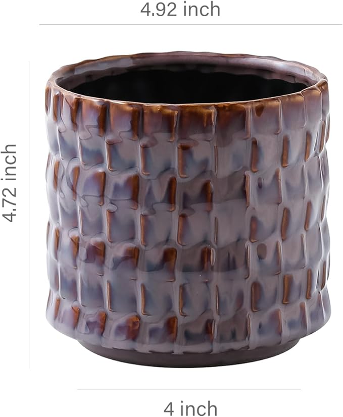 Utensil Crock Kitchen Utensil Holder, 5 Inches Small Ceramic Utensil Holder for Countertop, Unique Embossed Checkered Pattern, Cooking Utensil Crocks for Kitchen, Home Decor Gift 1 PC Plum Bronze