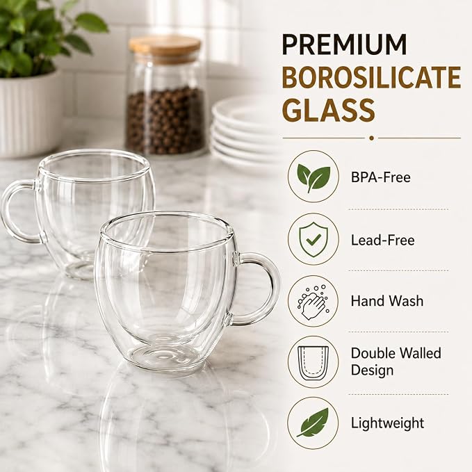 2.5oz Espresso Cups Set of 6, Small Expresso Shot Glass, Clear Expresso Coffee Cup with Handle, Double Wall Insulated Espresso Mugs,Tazas De Cafe Expreso, Suif for Espresso Machine Accessories