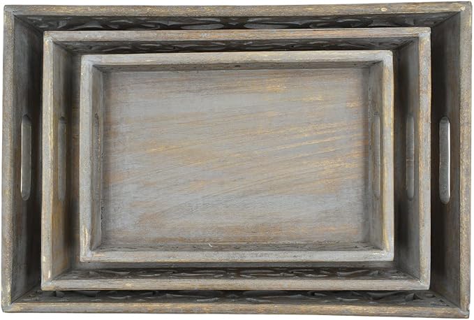 STORE INDYA Vintage Rustic Wooden Serving Trays with Handle - Set of 3 - Large, Medium and Small - Nesting Multipurpose Trays