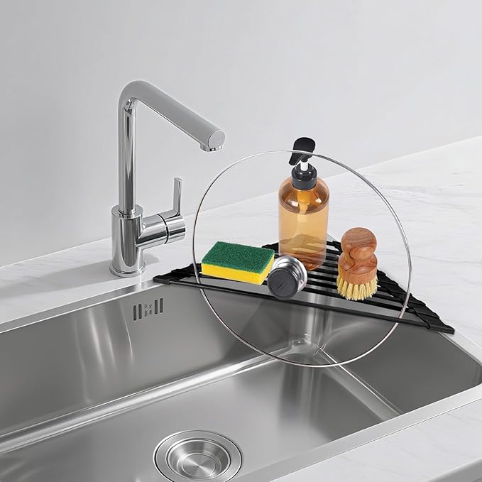 HANZENMA Triangular Sink Rack, Multi-Functional Rack Above the countertop, Foldable Sink Drying mat, Heat-Resistant, Non-Slip, and Rust-Proof Dish Rack (Black)